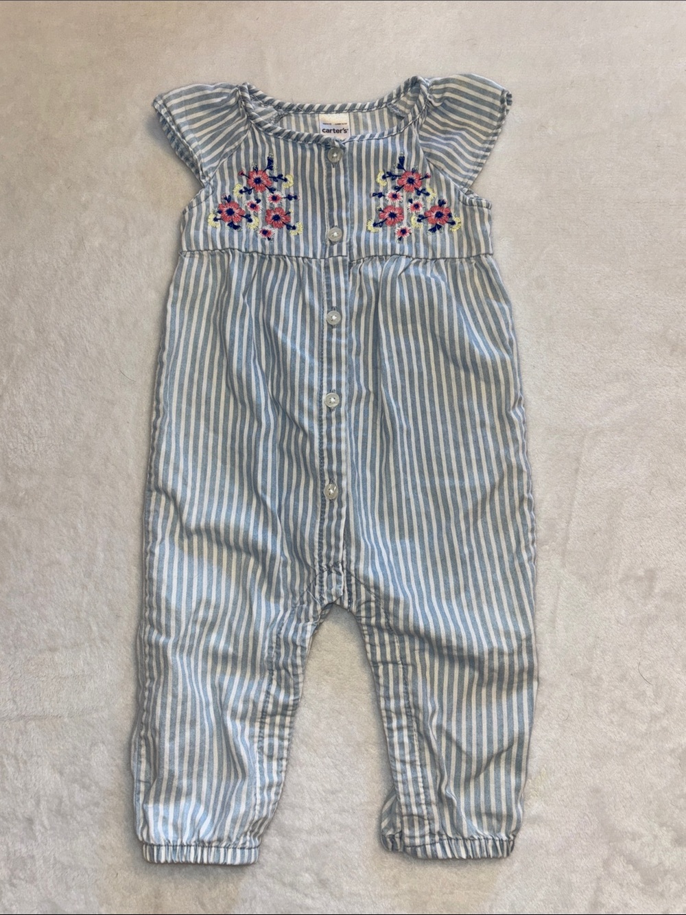 Carter's Light Blue and White Striped Embroidered Romper 6 month baby girl